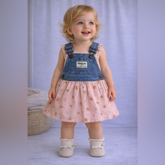 OshKosh B'gosh Other - OshKosh Baby Girl Denim Overall Dress Pink Floral Skirt | NWT Size 9M